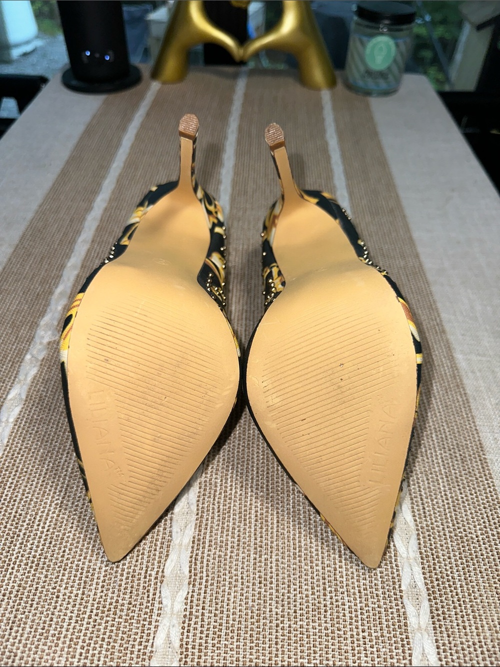 Liliana Black & Yellow Floral Studded Pointed Toe Pumps - Picture 3 of 7